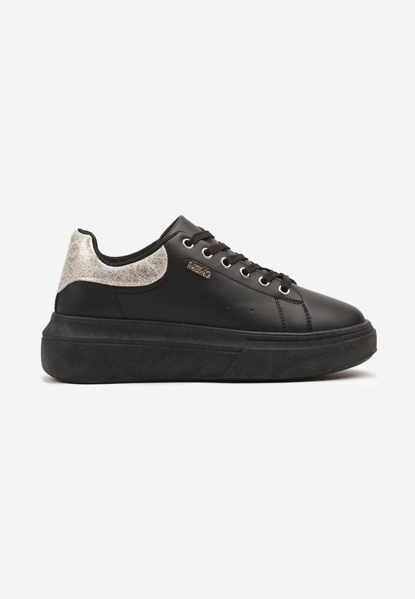 Born2be - Czarno-Złote Sneakersy na Grubej Podeszwie z Metalicznymi Zdobieniami Zarilna. Okazja: na co dzień. Kolor: czarny. Materiał: jeans. Wzór: aplikacja