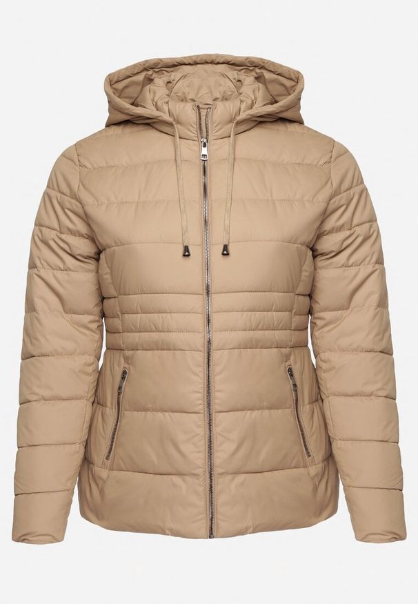 Born2be - Ciemnobeżowa Kurtka Pikowana z Odpinanym Kapturem Sinilore. Okazja: na co dzień. Kolor: beżowy. Materiał: jeans. Styl: elegancki, casual