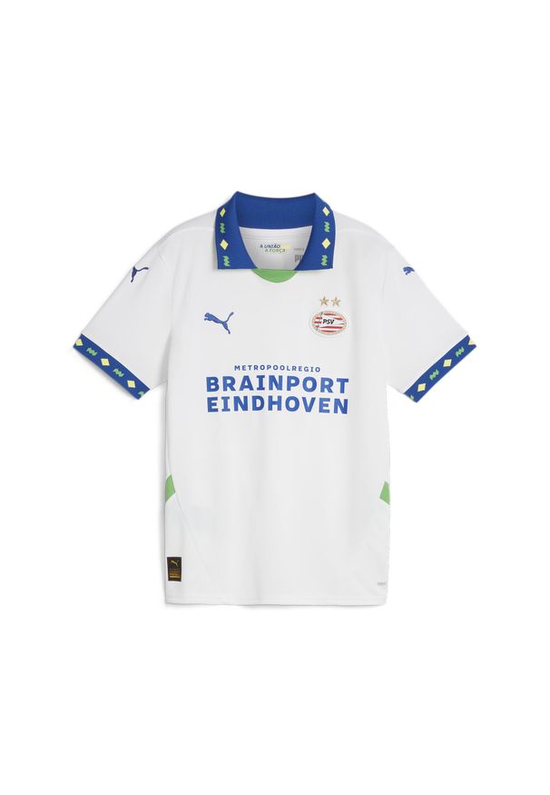 Puma - Młodzieżowa trzecia koszulka PSV Eindhoven 24/25 PUMA White Cobalt Glaze Blue. Kolor: niebieski, wielokolorowy, biały. Wzór: paski