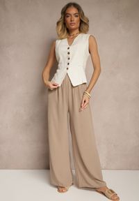 Renee - Ciemnobeżowe Szerokie Spodnie High Waist z Wiązaniem w Talii Reivaritta. Okazja: do pracy, na spotkanie biznesowe, na co dzień. Stan: podwyższony. Kolor: beżowy. Styl: casual, elegancki, biznesowy