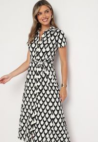 Born2be - Czarno-Biała Koszulowa Sukienka z Kołnierzem i Materiałowym Paskiem w Talii Vranea. Okazja: na co dzień. Typ kołnierza: dekolt w kształcie V. Kolor: czarny. Materiał: materiał. Typ sukienki: koszulowe. Styl: casual, elegancki, sportowy #5