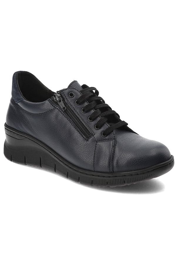 Granatowe Półbuty Wasak Wygodne Buty Damskie. Zapięcie: sznurówki. Kolor: niebieski. Materiał: materiał, skóra. Wzór: grochy. Styl: elegancki