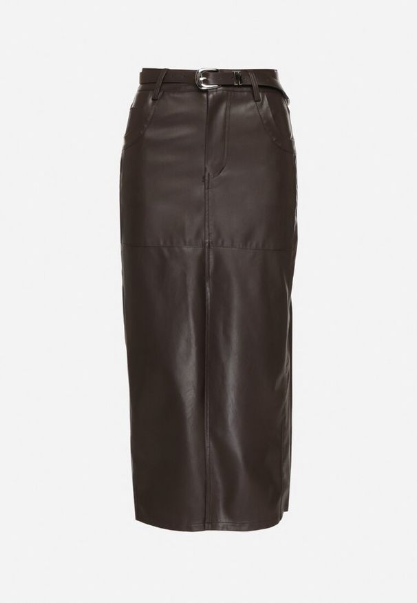 Born2be - Ciemnobrązowa Długa Spódnica High Waist z Imitacji Skóry z Dodatkowym Paskiem i Rozcięciem Wyneti. Okazja: na co dzień. Stan: podwyższony. Kolor: brązowy. Materiał: skóra. Długość: długie. Styl: klasyczny, casual, elegancki