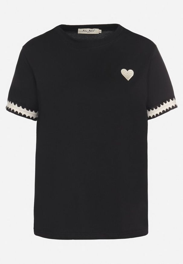 Born2be - Czarny T-shirt z Bawełny Ozdobiony Sercem Firiane. Okazja: na co dzień. Kolor: czarny. Materiał: bawełna. Wzór: aplikacja. Styl: klasyczny, casual