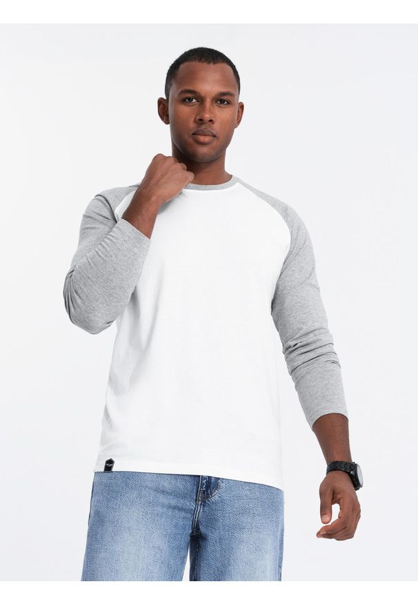 Ombre Clothing - Longsleeve męski z raglanowymi kontrastowymi rękawami – biało-szary V5 - Rozmiar: XL. Okazja: na co dzień. Kolor: szary. Materiał: skóra, jersey, dzianina, materiał, bawełna. Długość rękawa: długi rękaw. Wzór: ze splotem. Styl: klasyczny, casual