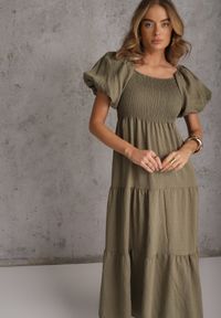 Renee - Ciemnozielona Sukienka z Wiskozy o Rozkloszowanym Kroju z Bufiastymi Rękawkami Rosena. Kolor: zielony. Materiał: wiskoza. Długość rękawa: krótki rękaw. Sezon: lato. Typ sukienki: rozkloszowane. Długość: maxi #6