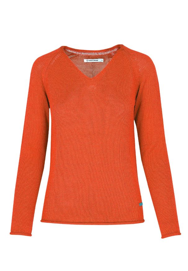 Volcano - Sweter damski V-neck S-OLIVIA. Okazja: na co dzień. Typ kołnierza: dekolt w serek. Kolor: pomarańczowy. Materiał: skóra, wiskoza, akryl, materiał, bawełna. Długość rękawa: długi rękaw. Długość: długie. Styl: casual