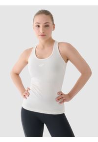 4f - 4F Top slim treningowy damski - beżowy XL. Kolor: beżowy. Materiał: dzianina, włókno, poliester, materiał, elastan. Długość rękawa: na ramiączkach. Wzór: gładki, ze splotem, jednolity. Sport: fitness