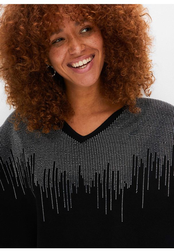 bonprix - Cienki sweter z aplikacją ze sztrasów. Kolor: czarny. Wzór: aplikacja