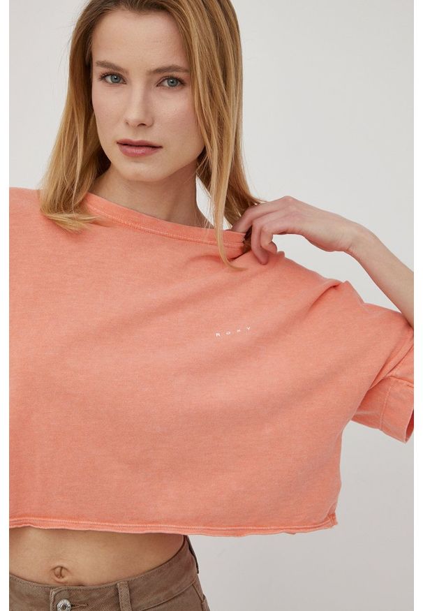 Roxy t-shirt damski kolor pomarańczowy. Kolor: pomarańczowy. Materiał: dzianina