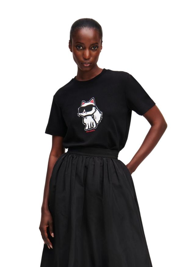 Karl Lagerfeld - KARL LAGERFELD Czarny damski t-shirt Ikon Sketch Choupette. Okazja: na co dzień. Kolor: czarny. Materiał: materiał. Wzór: nadruk. Styl: casual