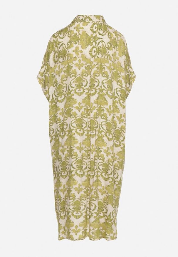 Born2be - Ciemnozielona Pudełkowa Sukienka Koszulowa z Wiskozy w Ornamentalny Print Vanisse. Okazja: na co dzień. Kolor: zielony. Materiał: wiskoza. Długość rękawa: krótki rękaw. Wzór: nadruk. Sezon: wiosna, lato. Typ sukienki: koszulowe. Styl: casual