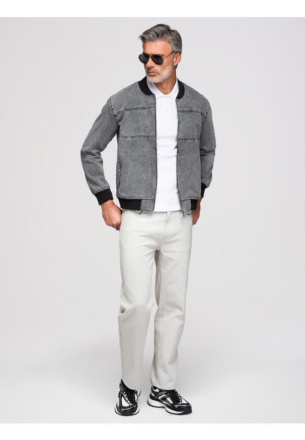 Ombre Clothing - Męska kurtka jeansowa bomberka z efektem stone wash – szara V1. Kolor: szary. Materiał: jeans. Styl: klasyczny, retro, sportowy