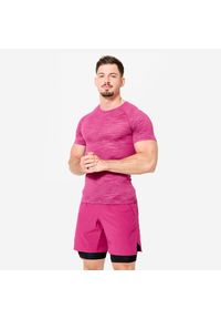 DOMYOS - Koszulka kompresyjna męska Domyos krótki rękaw. Kolor: fioletowy, wielokolorowy, różowy. Materiał: poliester, poliamid, materiał, elastan. Długość rękawa: krótki rękaw. Długość: krótkie #1
