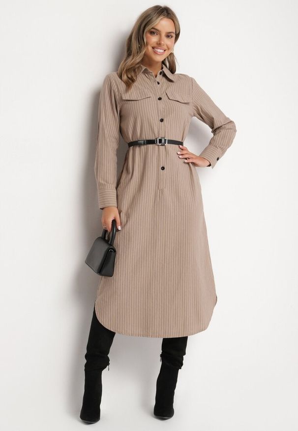 Born2be - Ciemnobeżowa Koszulowa Sukienka na Guziki z Paskiem i Imitacją Kieszeni Tintarra. Kolor: beżowy. Typ sukienki: koszulowe. Styl: elegancki, sportowy, klasyczny
