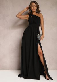 Renee - Czarna Asymetryczna Sukienka Rozkloszowana Maxi Adavia. Kolor: czarny. Materiał: tkanina. Typ sukienki: asymetryczne. Długość: maxi #1