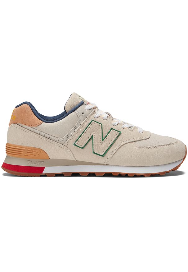 Buty New Balance ML574GE2 – beżowe. Okazja: na co dzień. Kolor: beżowy. Materiał: zamsz, dresówka, guma, skóra, materiał. Szerokość cholewki: normalna. Model: New Balance 574
