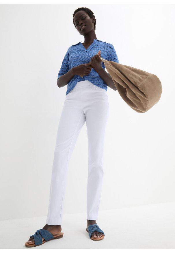 bonprix - Spodnie ze stretchem z gumką w talii. Kolor: biały. Styl: klasyczny