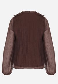 Born2be - Brązowa Bluzka Koszulowa z Dekoltem w Serek Zdobiona Falbankami Nailiphis. Okazja: na co dzień, do pracy, na spotkanie biznesowe. Typ kołnierza: dekolt w serek, kołnierz z falbankami. Kolor: brązowy. Materiał: jeans. Wzór: aplikacja. Styl: biznesowy, klasyczny, casual, elegancki #4