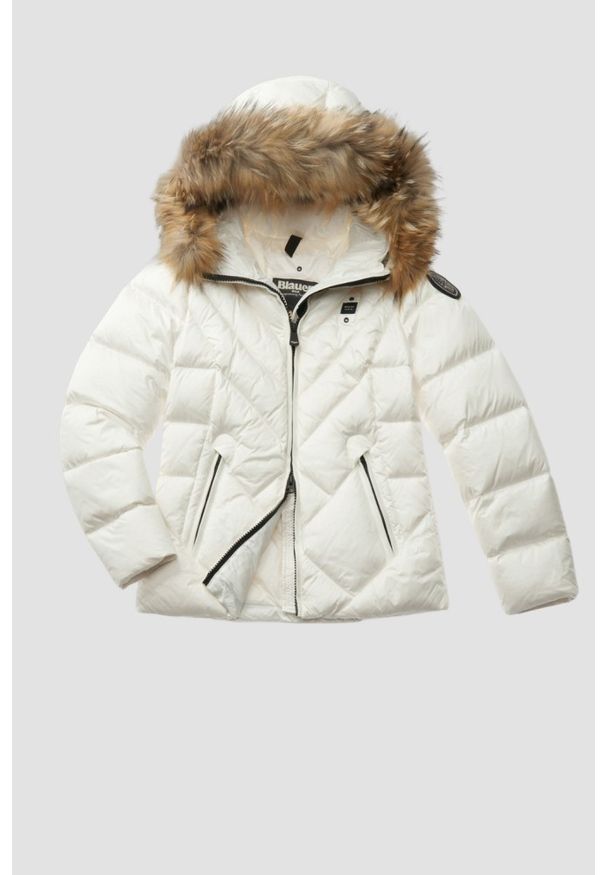 Blauer USA - BLAUER Alicia Biała kurtka damska Short Jackets. Kolor: biały. Materiał: puch, poliamid, futro. Styl: elegancki