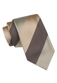 Krawat Męski - Alties - Duże Pasy w Odcienie Beżów. Kolor: brązowy, wielokolorowy, beżowy. Materiał: tkanina. Styl: elegancki, wizytowy