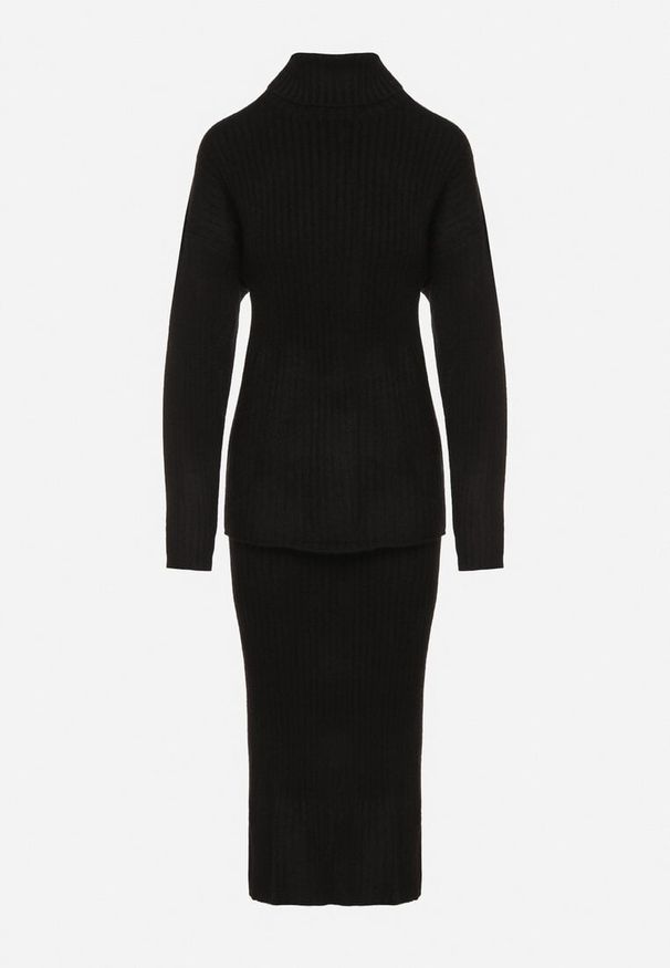 Born2be - Czarny Komplet Dzianinowy z Wełną Sweter z Golfem i Ołówkowa Spódnica Falovira. Kolor: czarny. Materiał: wełna, dzianina. Sport: golf