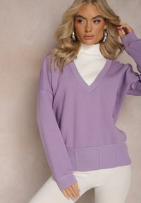Renee - Jasnofioletowa Bawełniana Bluza z Trójkątnym Dekoltem Hydralia. Typ kołnierza: dekolt w serek. Kolor: fioletowy. Materiał: bawełna. Długość rękawa: długi rękaw. Długość: długie #5