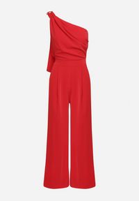Born2be - Czerwony Kombinezon Asymetryczny na Jedno Ramię z Dwoma Kieszeniami Benama. Okazja: na randkę, na imprezę, na wesele, na ślub cywilny. Kolor: czerwony #3