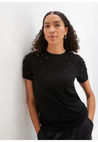 bonprix - T-shirt z aplikacją z perełek. Kolor: czarny. Wzór: aplikacja #1