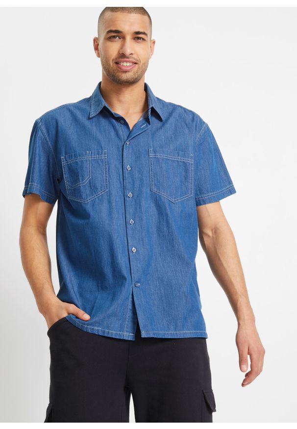 bonprix - Koszula dżinsowa z krótkim rękawem, Loose Fit. Kolor: niebieski. Długość rękawa: krótki rękaw. Długość: krótkie