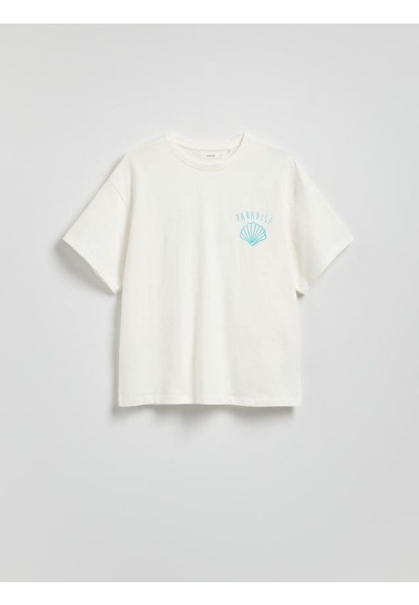 Reserved - Bawełniany t-shirt z nadrukiem - złamana biel. Materiał: bawełna. Wzór: nadruk