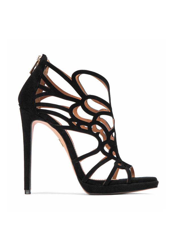 Kazar - Czarne sandały damskie. Kolor: czarny. Materiał: zamsz. Wzór: ażurowy. Obcas: na obcasie. Wysokość obcasa: średni