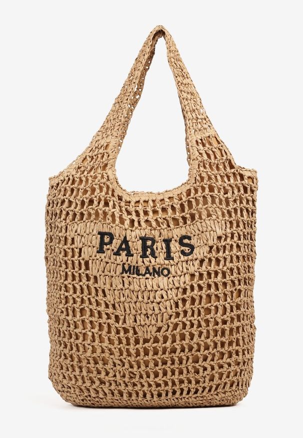 Born2be - Ciemnobeżowa Torebka Shopper z Plecionką i Napisami Navessa. Kolor: beżowy. Wzór: napisy. Sezon: lato, wiosna. Styl: klasyczny, casual