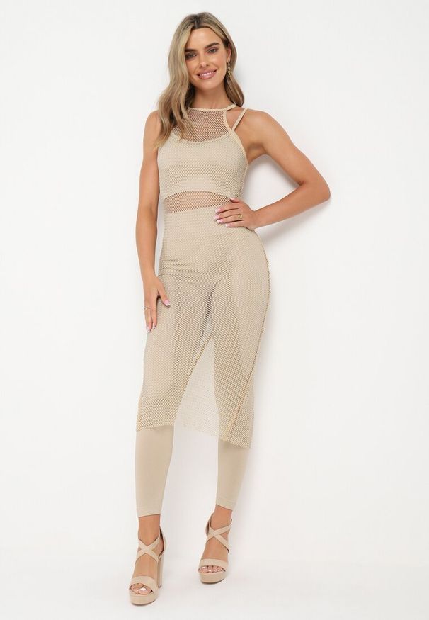 Born2be - Beżowa Sukienka z Siateczki w Cyrkonie Rulieth. Kolor: beżowy. Materiał: tkanina. Długość: maxi