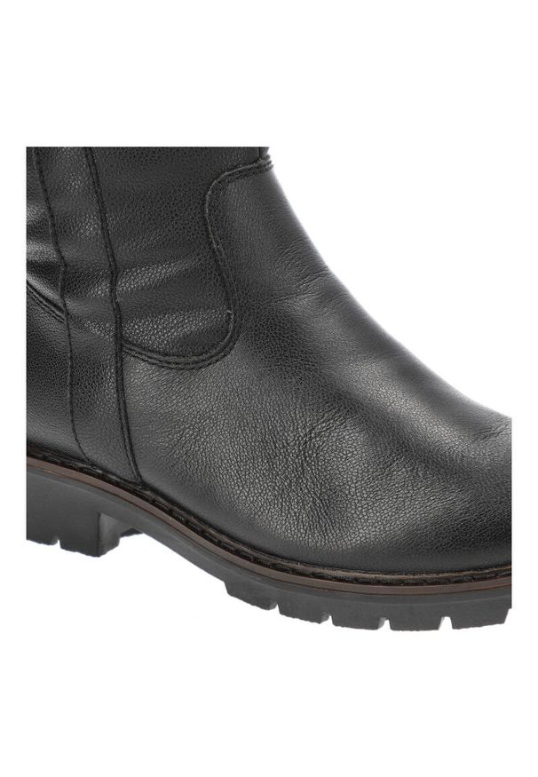 Czarne Kozaki Rieker Ocieplane Buty Damskie. Kolor: czarny. Materiał: futro, skóra, syntetyk. Szerokość cholewki: normalna. Wzór: aplikacja