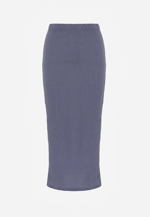 Renee - Niebieska Teksturowana Spódnica Ołówkowa z Rozcięciem z Boku Piremilia. Okazja: na co dzień, na spacer. Kolor: niebieski. Materiał: tkanina. Styl: casual, elegancki