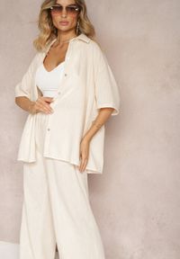 Renee - Beżowy 2-Częściowy Komplet Koszula z Krótkim Rękawem Spodnie z Gumką w Pasie Vimacia. Kolor: beżowy. Materiał: materiał