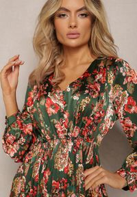 Renee - Zielono-Różowa Rozkloszowana Sukienka Długa z Plisami w Kwiatowy Print Toada. Okazja: na co dzień. Typ kołnierza: dekolt w kształcie V. Kolor: zielony. Wzór: kwiaty, nadruk. Typ sukienki: rozkloszowane. Styl: klasyczny, casual. Długość: maxi