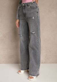 Renee - Szare Jeansy High Waist z Szeroką Nogawką Zdobione Przetarciami Liozina. Stan: podwyższony. Kolor: szary. Wzór: aplikacja. Styl: sportowy, elegancki #3