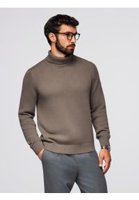 Ombre Clothing - Golf męski sweter z dzianiny – szarobrązowy V1 - Rozmiar: XXL. Okazja: na co dzień, do pracy. Typ kołnierza: golf. Kolor: brązowy. Materiał: dzianina. Wzór: gładki, ze splotem. Styl: casual, klasyczny