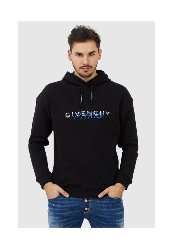 Givenchy - GIVENCHY Czarna bluza męska z kapturem i logo. Typ kołnierza: kaptur. Kolor: czarny. Materiał: prążkowany, bawełna