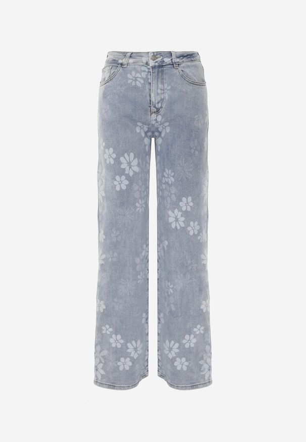 Renee - Niebieskie Szerokie Jeansy z Bawełną w Kwiaty Zinnetta. Okazja: na co dzień. Stan: podwyższony. Kolor: niebieski. Wzór: kwiaty. Styl: casual