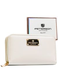 Portfel damski w typie piórnika ze skóry ekologicznej w białym kolorze, wyposażony w system RFID - Peterson. Kolor: biały. Materiał: skóra ekologiczna #1