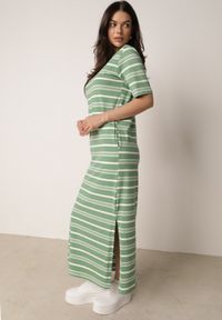 Born2be - Biało-Zielona Pudełkowa Sukienka z Bawełny w Poziome Paski Diove. Okazja: do pracy, na co dzień, na spacer. Kolor: biały. Materiał: bawełna. Wzór: paski. Typ sukienki: proste. Styl: klasyczny, casual #8