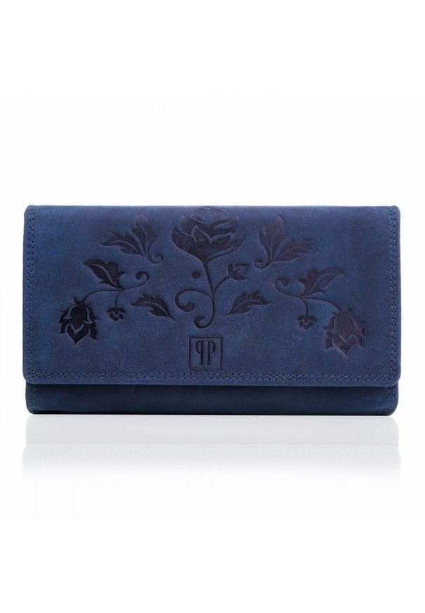 Portfel damski PAOLO PERUZZI skórzany T-05-DB granatowy. Kolor: niebieski. Materiał: skóra. Wzór: kwiaty