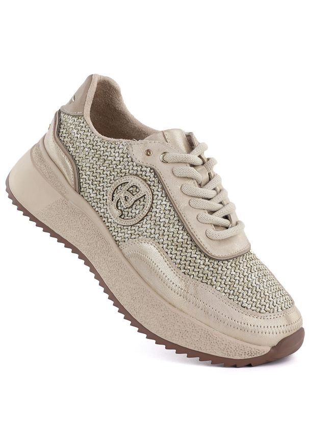 Skórzane sneakersy damskie plecionka złote Gino Fabiani OL39-5 GOLD. Kolor: złoty. Materiał: skóra