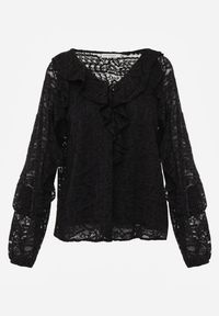 Renee - Czarna Koronkowa Bluzka z Falbankami Sewrana. Typ kołnierza: kołnierz z falbankami. Kolor: czarny. Materiał: koronka. Styl: elegancki #8