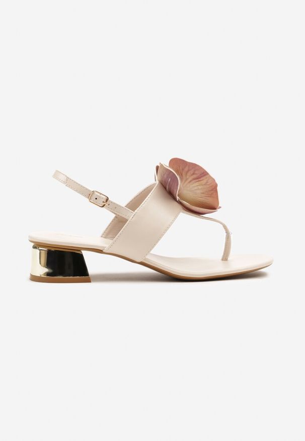 Renee - Beżowe Sandały w Stylu Japonek Vices na Niskim Słupku z Kwiatowym Zdobieniem Natrina. Okazja: na spacer, na imprezę. Kolor: beżowy. Wzór: kwiaty, aplikacja. Sezon: lato. Obcas: na słupku. Styl: elegancki. Wysokość obcasa: niski