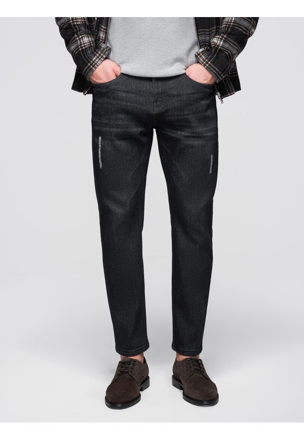 Ombre Clothing - Spodnie męskie jeansowe z przetarciami REGULAR FIT - czarne V2 - Rozmiar: XL. Okazja: na co dzień, do pracy. Kolor: czarny. Materiał: jeans. Wzór: aplikacja. Styl: casual