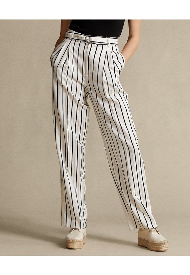 Ralph Lauren - RALPH LAUREN - Satynowe spodnie z paskiem. Kolor: beżowy. Materiał: satyna. Długość: długie. Wzór: paski. Styl: klasyczny